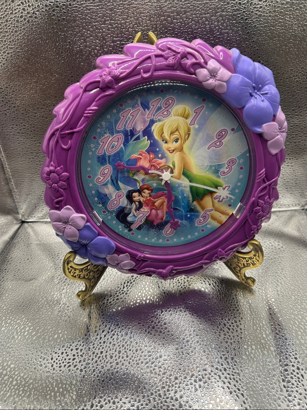 Vintage  Disney Fairies Tinker Bell Purple Floral Wall Clock Y2K Disneyana